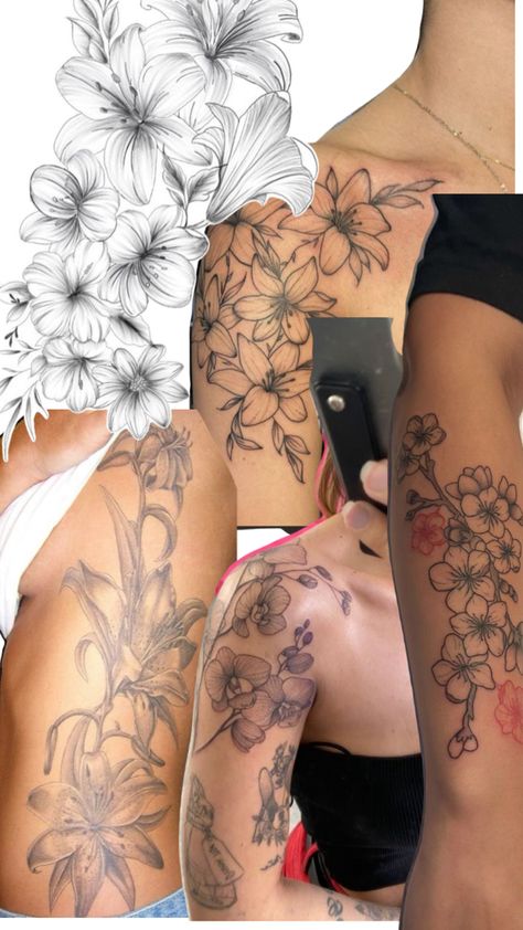 flower tattoo lily orchid hibiscus cherry blossom tattoo Tattoo Vision Board, Flower Tattoo Lily, Cherry Blossom Tattoo Shoulder, Tattoo Lily, Hibiscus Flower Tattoos, Hibiscus Tattoo, Asian Flowers, Lily Tattoo, Blossom Tattoo