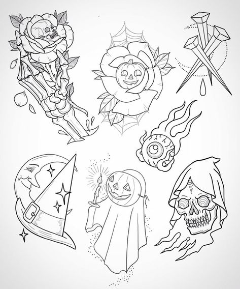 Friday 13 Tattoo Ideas Flash, Halloween Tattoo Stencil, Halloween Tattoo Flash Art Simple, Easy Halloween Tattoo Flash, Friday 13th Tattoo Flash Sheet Black, Friday The 13th Tattoo Flash Sheet, Halloween Flash Art, Spooky Season Tattoo Flash, Eerie Tattoos