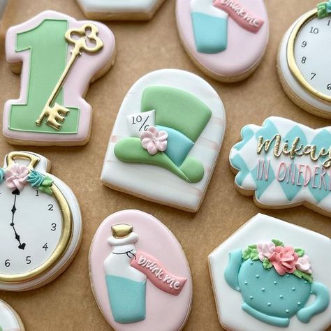 Emily Perkins on Instagram: "Onederland 🐰 . . . #onderlandcookies #aliceinwonderlandcookies #firstbirthdaycookies #batonrouge #batonrougecookies #cookiesofinstagram" Onederland Cookies, Emily Perkins, First Birthday Cookies, Cookie Decorating Party, Birthday Traditions, Cookie Inspiration, Birthday Cookies, Cookie Designs, Microbiology