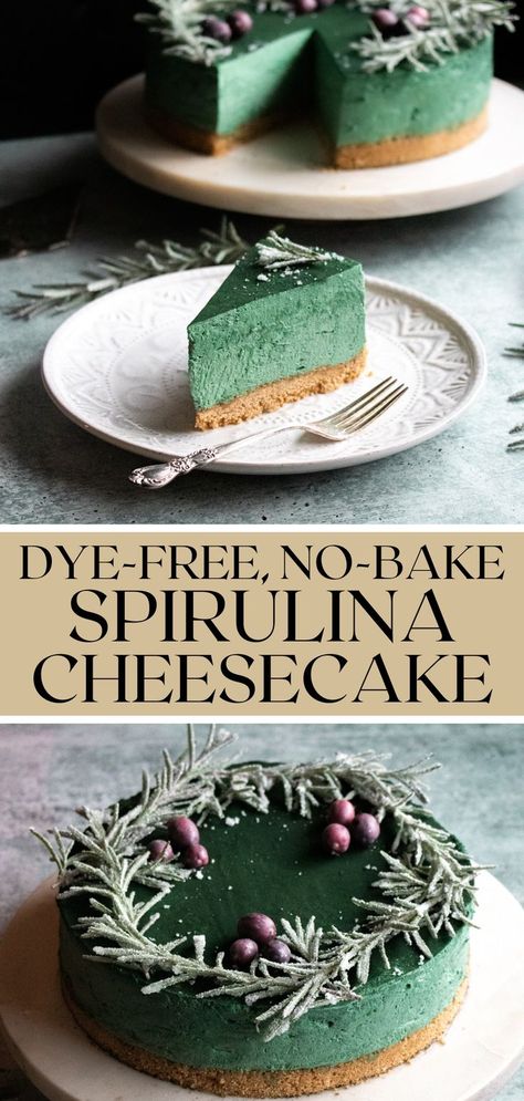 Classic vanilla no-bake cheesecake with added green spirulina for a festive color with no artificial dyes. Light and fluffy in texture, this cheesecake is cream cheese perfection. Adding snow-kissed rosemary was the perfect natural garnish for this wintry cheesecake. It is a simple, impressive dessert that holds its shape well! Simple Cheesecake Decoration, Colorful Cheesecake, Galaxy Cheesecake, No Bake Cheesecake Christmas, Winter Cheesecake, Green Dessert, Green Cheesecake, Cheesecake Decoration, No Bake Vanilla Cheesecake