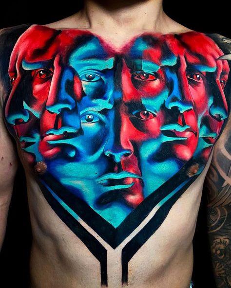 Color Chest Tattoo Men, Colored Chest Tattoo, Body Tattoo, Trippy Back Tattoos, Chest Tattoo Abstract, Trippy Chest Tattoos, Trippy Color Tattoo, Trippy Realism Tattoo, Full Chest Tattoos