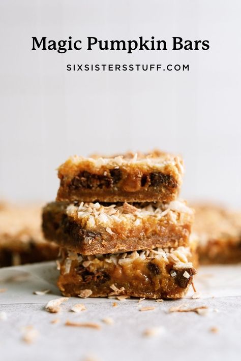 Pumpkin Gooey Bars, Fall Cookie Bars Recipes, Pumpkin Magic Bars Recipe, Pumpkin Cookie Bars Recipe, Magic Pumpkin Bars Six Sisters, Pumpkin Bar Cookies, Magic Pumpkin Bars, Pumpkin Magic Cookie Bars, Gluten Free Pumpkin Magic Bars