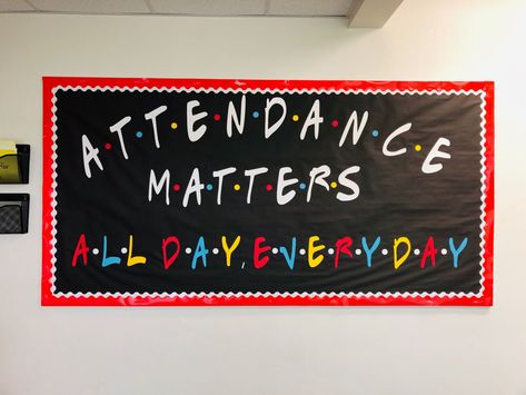 Attendance Office Bulletin Board, Elementary School Office Bulletin Board Ideas, Bulletin Boards For High School Hallways, School Front Office Bulletin Board Ideas, Attendance Office Decor, Pbis Bulletin Boards Middle School, School Secretary Office Decorating Ideas, Attendance Matters Bulletin Board, Friends School Theme