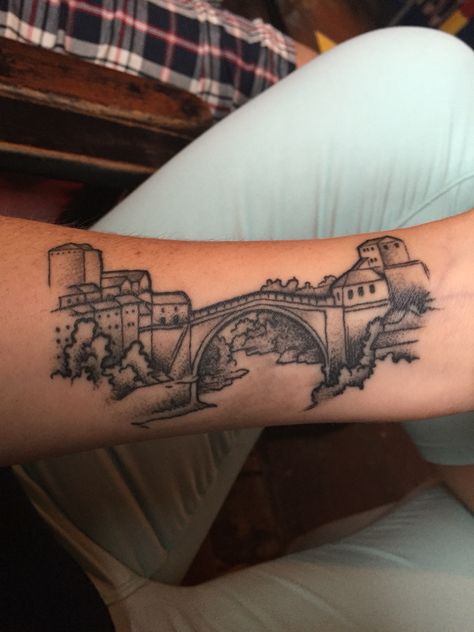 Tattoo of Stari Most (Old Bridge) in Mostar, Bosnia and Herzegovina Bosnian Tattoo Ideas, Bosnia Tattoo Ideas, Bosnian Tattoo, Mama Tattoos, Bridge Tattoo, Mama Tattoo, Mostar Bosnia, Black Hair Aesthetic, Tattoo Cover