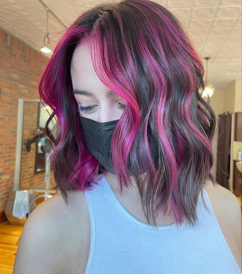 Fushia Hair Highlights, Short Brown Hair With Colored Highlights, Pink Balayage On Dark Hair, Short Hair With Streaks, Dark Brown Hair With Hot Pink Highlights, Pink Highlights In Black Hair Short, Dark Brown Hair With Pink Streaks, Short Brown Hair With Color, Brown And Colorful Hair