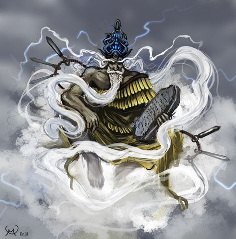 Enlil- Mesopotamian god: god of breath, wind, loft, and breadth. a chief deity. he invented the mattock and helps plants grow. he was the father of the moon god Sin. Enlil God, God Of Air, Sacred Masculine, Ancient Sumerian, Ancient Mesopotamia, The Boogeyman, Mythology Art, Mythological Creatures, Fantasy Art Landscapes