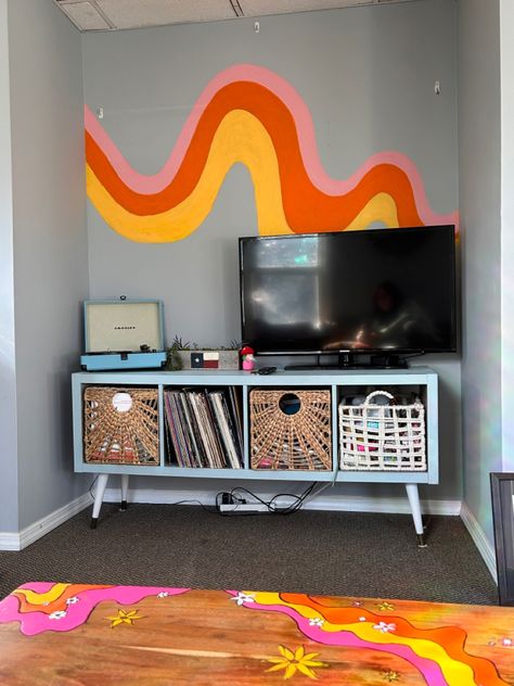 Painted my wall and coffee table a very mcm groovy rainbow. All the good vibes in my house Groovy Coffee Table, Groovy Hallway Decor, Groovy Home Decor, Groovy Office, Coffee Nook Decor, Groovy House, Groovy Bedroom, Groovy Decor, Groovy Classroom