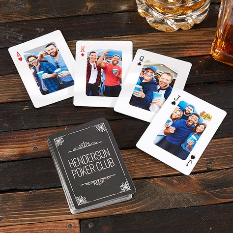 Personalize with four photos, one representing each suit on the face side of the cards along with any 3 lines of text on the reverse sideThis 54-card deck comes in a standard 3.5" x 2.5" sizePackaged in a clear playing card box for easy storage Made in the USA Sold in various quantities below. The personalization must be the same to receive quantity discounts  Deal yourself in for some fun with the Suits & Photos Personalized Playing Cards. Whether they are for poker night or as a gift, these cu Personalized Photo Gifts Personalization Mall, Personalized Card Deck, Diy Photo Playing Cards, Customized Playing Cards, Deck Of Cards Gift, Custom Card Deck, Personalised Playing Cards, Playing Cards Diy, Personalized Deck Of Cards