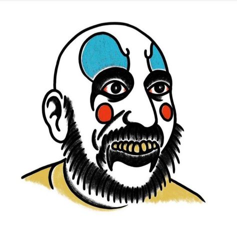 Gimp Mask Tattoo, Captain Spaulding Art, Captain Spaulding Drawing, Captain Spaulding Tattoo, Horror Traditional Tattoo, Art The Clown Tattoo, Clown Tattoos, Circus Tattoo