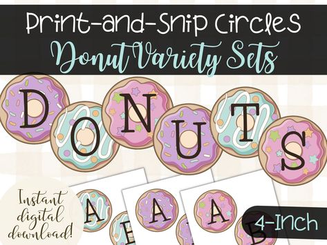 "Whether it's a donut-themed birthday party, a classroom welcome sign, or Donuts with Dads, these printable, pastel donut letter sets are an adorable addition to your DIY bulletin boards, homemade signs and banners!  With three colors to choose from (pink, purple, and light cyan), you can mix-and-match for a \"sweet\" display.  Print from your home or office on white cardstock or heavy-weight paper.  Simply print, snip & decorate--it's easy!  Each circle measures approximately 4 inches across an