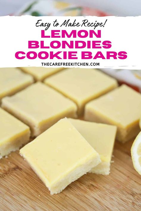 These Lemon Blondies are soft and chewy like a brownie but filled with lemon flavor and topped with tart lemon icing. Cut into bars or squares and serve at potlucks, showers, birthday parties, or for treats at home. #thecarefreekitchen #lemon #brownies #blondies #dessert #bars #cookiebars #frosting Blondies Dessert, Lemon Oreos, Lemon Blondies, Blondies Cookies, Easy Dessert Bars, French Toast Muffins, Lemon Brownies, Bread Sauce, Canned Frosting