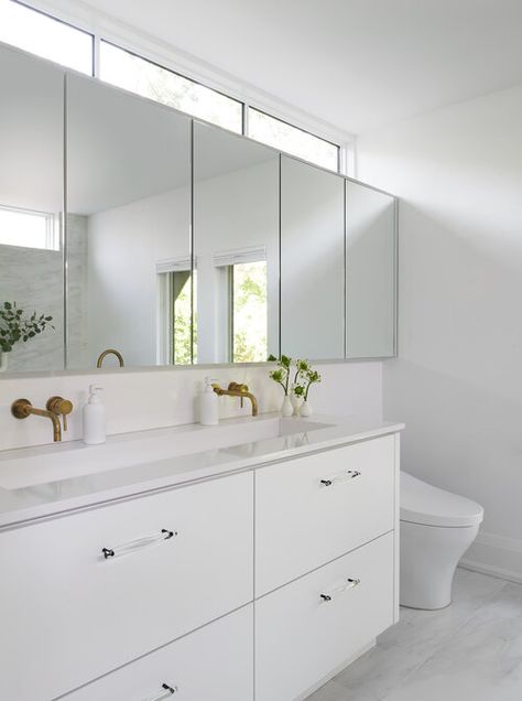 White Vanity Mirror, Dark Bathroom, Vintage Faucet, Black Floor Tiles, Dark Bathrooms, White Washed Oak, Trough Sink, Contemporary Bathroom Designs, Transitional Bathroom