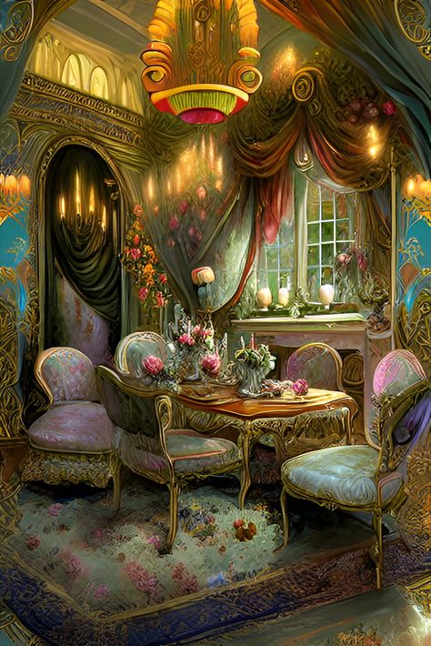 Fantasy Dining Room, Fantasy Bedroom, Natural Fence, Fantasy Rooms, Dining Room Art, Inner World, Beautiful Dream, Digital Portrait, Magical Places