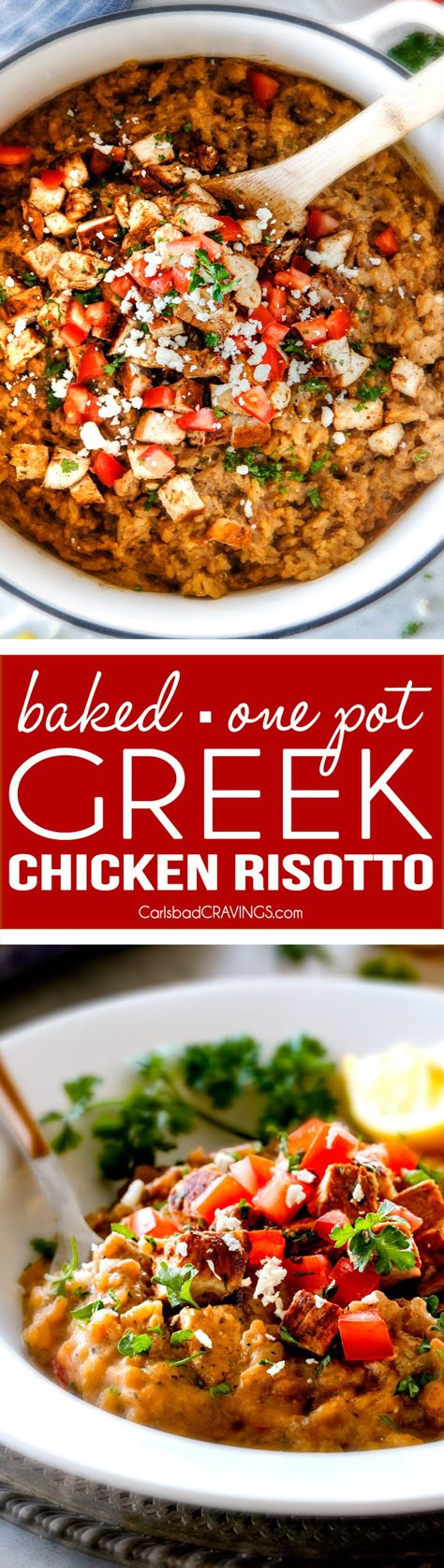 Easy, creamy BAKED Greek Chicken Risotto made in ONE POT! This has become a favorite dinner for my entire family and I love how easy it is! Its bursting with so much flavor and the chicken marinade is outstanding! One Pot Greek Chicken And Rice, Oven Baked Chicken Risotto, Chicken And Risoni Bake, One Pot Greek Chicken And Orzo, Creamy Lemon Chicken Risoni, Risotto Recipes Chicken, Baked Greek Chicken, Chicken Risotto, Carlsbad Cravings