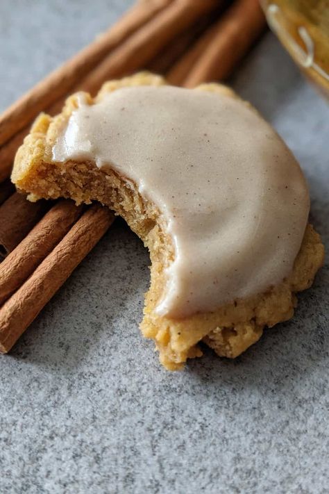 Pumpkin Cookies with Maple Butter Glaze ♥ These scrumptious pumpkin cookies are perfect for autumn. They are infused with brown sugar and pumpkin pie spice, and covered in a maple butter glaze. #corianderandlace #pumpkincookies #cookies #autumn #recipe Pumpkin Cookies With Maple Glaze, Pumpkin Cookies Maple Frosting, Pumpkin Cookies Maple Glaze, Pumpkin Maple Cookies, Maple Pumpkin Cookies, Maple Butter Glaze, 2024 Cookies, Cookies Autumn, Rolled Sugar Cookie Dough