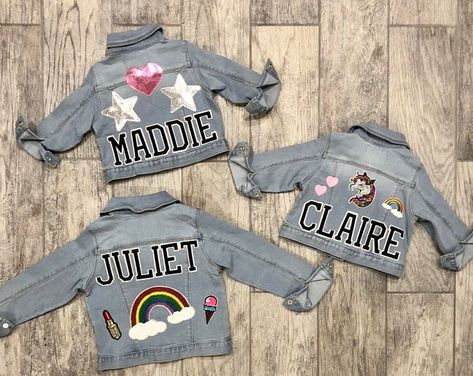 Jean Jacket Design, Jean Jacket Diy, Customised Denim Jacket, Kids Jeans Jacket, Custom Jean Jacket, Kids Denim Jacket, Custom Denim Jacket, Jean Jacket For Girls