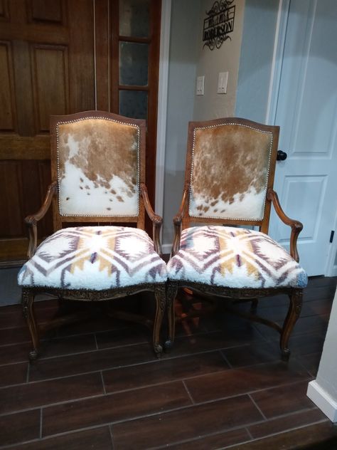 Cowhide Furniture Diy, Cowhide Upholstered Chairs, Pendleton Furniture, Western Chair Makeover, Western Chairs Rustic, Cowhide Chairs, Western Reupholstered Chair, Southwestern Furniture, Western Chair