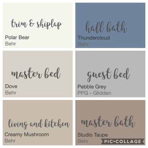 Behr Thundercloud Bedroom, Thundercloud Behr, Farmhouse Color Palette Behr, Behr House Color Scheme, Behr Paint Color Schemes For Home, Farmhouse Color Palettes, Paint Colors For Rustic Homes, Behr Color Palette For Home, Farmhouse Colours