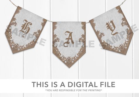 This listing if for a Banner with a renaissance theme. I designed these flags or banner thinking of a fun Birthday party for medieval theme. I t was also be a bIrthday Party banner since the letters can be edited Everything you see in my shop is designed by me. I take my time to design each layout in in Photoshop, therefore is a one of a kind composition. The letters in the banner are editable. You can play around with fonts and colors before buying, please see link below.  ★ FREE DEMO ★ Feel fr Medieval Theme, Medieval Games, Banner Printable, Fun Birthday Party, Bunting Garland, Birthday Party Banner, Printable Banner, Green Beige, Baby Party