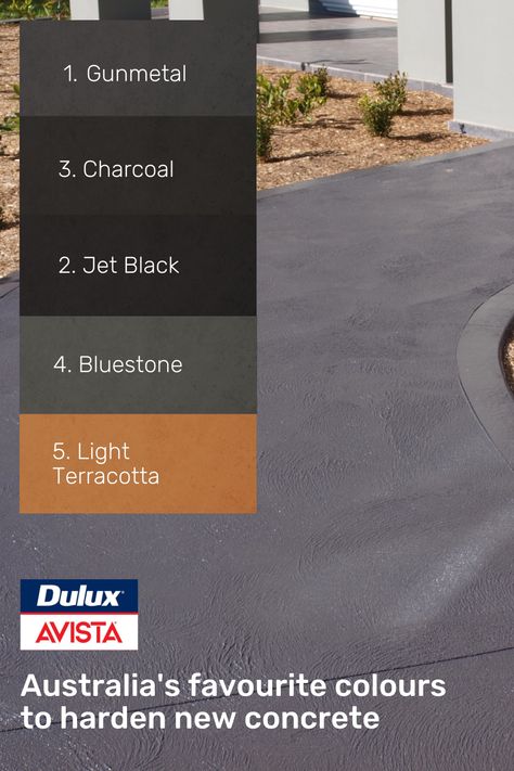 Are you pouring new concrete as part of your home build or landscaping project? Dulux Avista's Colour Hardeners are applied by hand casting over freshly poured concrete – they add strength at the same time as style. Dark shades are really dominating our top selling colours! Visit our website to explore your options to colour new concrete. Dark Grey Concrete Driveway, Dulux Avista Driveway, Coloured Concrete Outdoor, Dark Concrete Driveway, Coloured Concrete Driveway, Southern Courtyard, Colored Concrete Patio, Coloured Concrete, Concrete Path