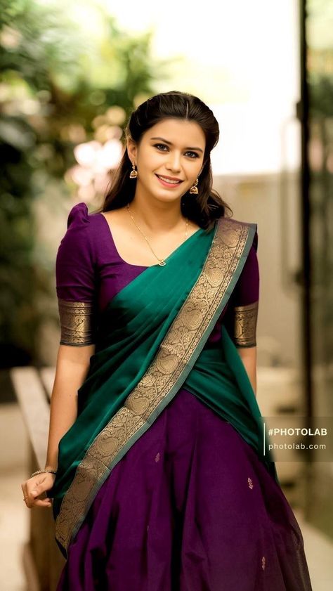 Kerala Half Saree Designs, Kerala Half Saree, Traditional Half Saree Designs, Bottle Green Saree, Long Skirt Top Designs, Cute College Outfits, One Piece Gown, Long Skirt And Top, Half Saree Lehenga