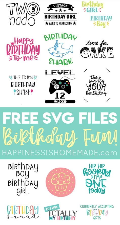 These Totally Free Birthday SVG files are perfect for making birthday shirts, cards, gift tags and more! Get our set of 15 free Birthday SVG files here! Birthday Shirt Cricut Ideas, Vinyl Birthday Shirts, First Birthday Svg Free, Free Birthday Svg Files For Cricut, Birthday Cricut Projects, Happy Birthday Svg Free, Birthday Svg Files Free, Birthday Svg Free, Svg Images Free