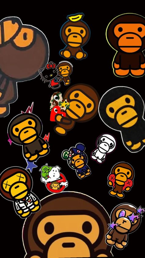 Bape Wallpaper Hd, Hello Kitty And Bape Monkey, Bape Milo Wallpaper, Bape Monkey Wallpaper, Nigo Bape Poster, Bape Wallpaper, Baby Milo Wallpaper, Bape Art, Cute Monsters Drawings