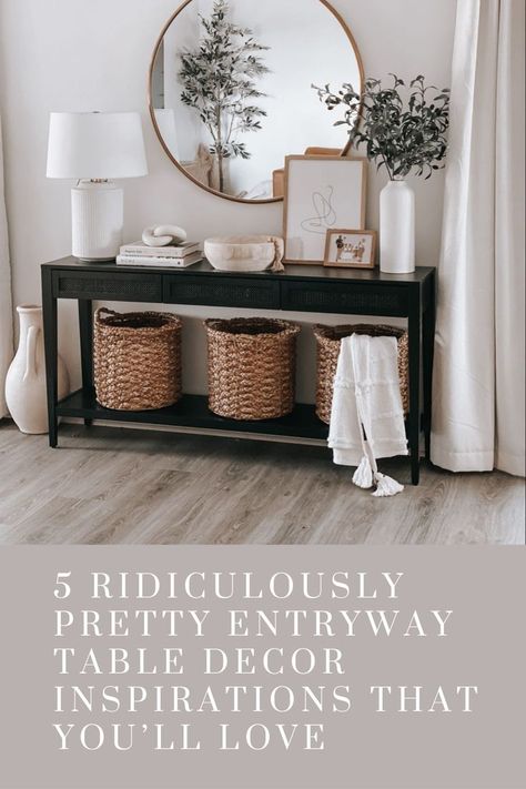 These are seriosuly the best console tables / entryway table decor inspirations! You'll be obssesed! SEE THEM ALL HERE: https://byannabellerose.com/5-ridiculously-pretty-entryway-table-decor-inspirations-that-youll-love/ Hallway Table Decor, Entry Table Decor, Console Table Decorating, Entry Decor, Entryway Table Decor, Foyer Design, Black Console, Hall Decor, Home Entrance Decor