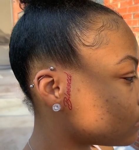 Women Side Face Tattoo, Face Tattoo Sideburn, Ear Face Tattoos For Women, Cute Side Face Tattoos For Women, Small Women Face Tattoos, Blessed Face Tattoo, Side Ear Face Tattoo Women, Behind Ear Tats Black Women, Face Name Tattoos For Women