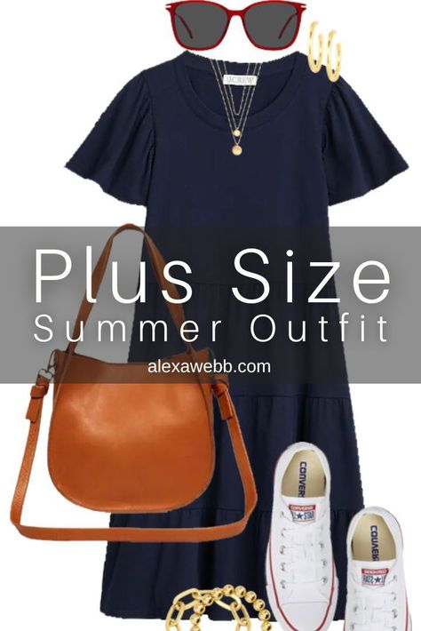 Plus Size Fourth of July Outfits - Navy Dress. A plus size Independence Day outfit idea with a navy blue dress, crossbody bag, and Converse sneakers by Alexa Webb. Plus Size Navy, Plus Size Skirts With Sneakers, Plus Size 4th Of July Outfit, Navy Blue Dress Outfit Casual, Plus Size Smart Casual, Womens Converse Outfit, Navy Dress Outfit, Navy Blue Dress Outfit, White Striped Dress Outfit