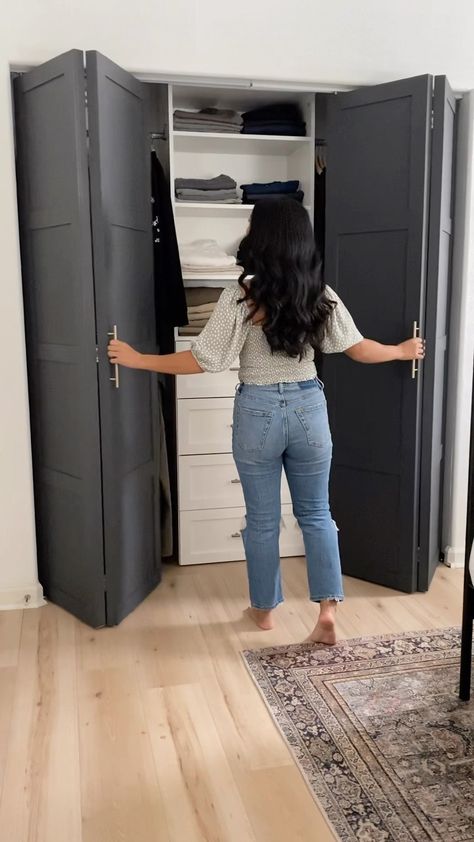 Premade bifold doors + wood trim & paint = 🖤. Still one of our favorite (and one of the easiest) DIYs to date ✨ #homediy #diyhome… | Instagram Remodel Bifold Closet Doors, Bifold Bedroom Door Ideas, Diy Double Closet Doors, Modern Closet Doors Bedrooms, Wood Bifold Closet Doors, Interior Bifold Doors Ideas, Wardrobe Bifold Doors, Closet Door Diy Ideas, Hallway Closet Door Makeover