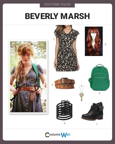 The best costume guide for dressing up like Beverly "Bev" Marsh the member of the Losers' Club from Stephen King's horror film, It. Beverly Marsh Costume, Beverly Marsh Cosplay, Beverly Marsh Inspired Outfits, It Outfits Movie, Beverly Marsh Outfits, Costumes For Redheads, Women With Red Hair, Redhead Costume, Costume Wall