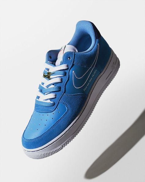 The latest Nike Air Force 1 '07 LV8 comes in iconic University Blue suede and leather uppers. Below the embroidered Swoosh it says 'First use June 18, 1971' which was the day the Swoosh logo debuted. Now available online. Nike Air Force 1 07, Swoosh Logo, University Blue, Whats New, Blue Suede, Nike Air Force 1, Nike Air Force Sneaker, Air Force 1, Nike Air Force