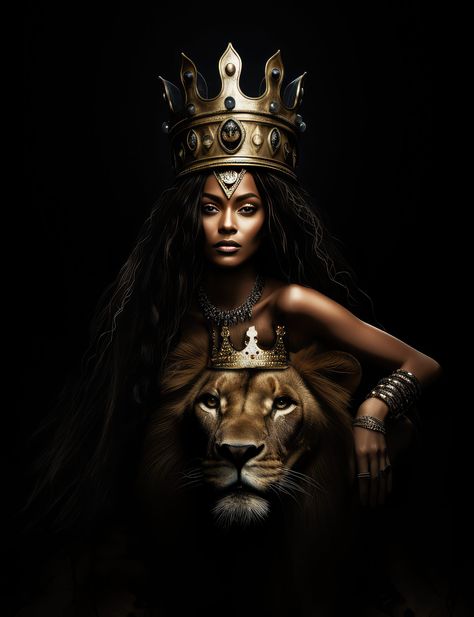 "Introducing \"The Lion Queen\" printable, a captivating masterpiece that beautifully portrays a strong and inspiring African queen alongside her faithful protector, the magnificent lion. Set against a dramatic black background, this portrait displays a striking high-contrast effect, enhancing the boldness and intricacy of every detail. Radiating an air of femininity and power, this art print is imbued with the essence of regal strength and natural beauty. Whether for your home or office, \"The Lioness Pictures Queens, Black Queens Art, African Queen Photoshoot, Black Women Art Goddesses, Strong Black Woman Art, Lion And Woman, Black Royalty Aesthetic, Black Queen Wallpaper, African Queen Art