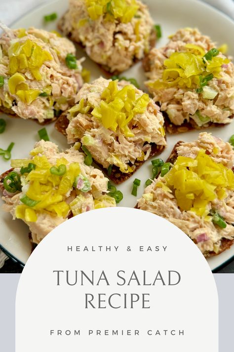 Pepperoncini Tuna Salad is a high-protein, no-cook recipe that's effortlessly prepared. It features canned tuna for protein, mixed with sweet red onions, spicy pepperoncini, and crunchy celery. The salad is dressed in a creamy mayonnaise blend, offering a delightful harmony of sweet and spicy flavors, perfect for a quick, heat-free meal. Albacore Tuna Recipes, Spot Prawns, Salmon Dip, Pepperoncini Peppers, Albacore Tuna, Canned Tuna, Sockeye Salmon, Dungeness Crab, Seafood Appetizers