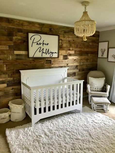 Wood Nursery Wall, Wood Wall In Nursery, Country Farmhouse Nursery, Wooden Accent Wall Nursery, Nursery Accent Wall Wood, Pallet Wall Nursery, Wood Accent Wall Nursery, Pallet Crib, Cow Nursery Ideas