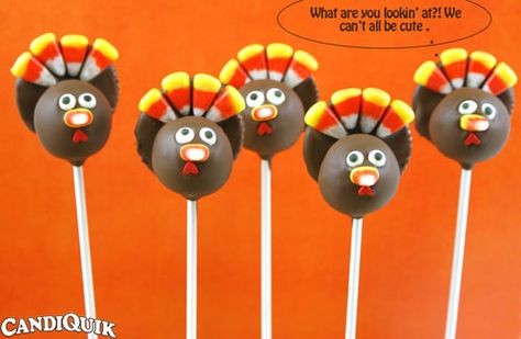 Turkey Cake Pops by Miss CandiQuik Turkey Cake Pops, Thanksgiving Cake Pops, Thanksgiving Turkey Treats, Cake Pops Recipe, Pumpkin Cake Pops, Thanksgiving Desserts Kids, Cake Ball Recipes, Thanksgiving Cake, Turkey Cake