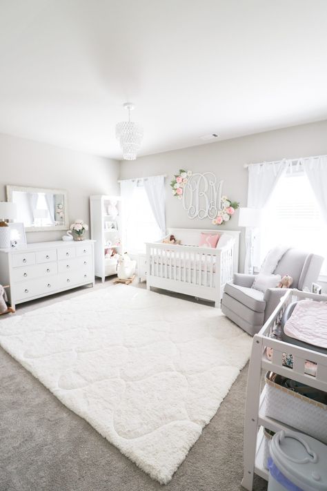 Nursery Ideas Big Room, Nursery With Gray Carpet, White And Neutral Nursery, All White Nursery Girl, Pink Grey And White Nursery Ideas, Large Nursery Ideas, Nursery In Bedroom Shared Rooms, Nursery Corner Ideas, Nursery Ideas White