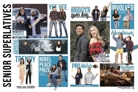 Yearbook Trends Page, Yearbook Club Pages, Yearbook Club Spreads, Class Favorites Yearbook Ideas, Yearbook Spirit Week Spread, Year Book Layout Ideas, Yearbook Distribution Day Ideas, Yearbook Table Of Contents Ideas, Senior Superlatives Yearbook Layout