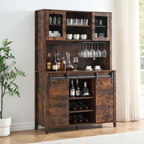 PRICES MAY VARY. 【Farmhouse Bar Cabinet with Sliding Barn Door】Featuring two flexible sliding barn doors, this rustic wine cabinet provides easy access to storage while saving space. The sliding door with farmhouse sign create an elegant, farmhouse ambiance in your living space. Flexibly use it as a alcohol cabinet, kitchen pantry, china cabinet, coffee bar station, microwave stand, kitchen cupboard, credenza, storage cabinet. 【Ample Storage Space】This kitchen cabinet consists of a buffet and up 70’s Kitchen, Rustic Wine Cabinet, Farmhouse Buffet Cabinet, Kitchen Hutch Cabinet, Tall Sideboard, Coffee Bar Cabinet, Wine Glass Storage, Home Bar Cabinet, Farmhouse Buffet