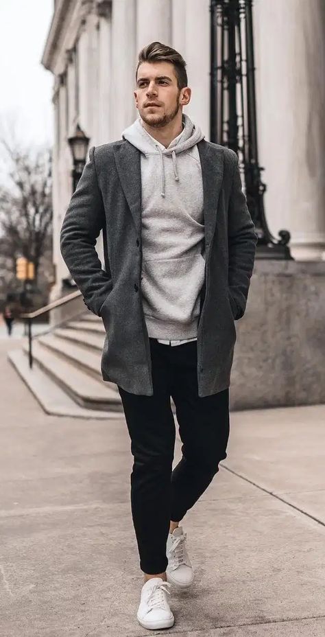 20 Cool Overcoats To Keep You Hot This Winter Season!! Grey Sweatshirt Outfit Men, Grey Jacket Outfit Men, Grey Hoodie Outfit Men, Hoodie Men Outfit, Hoodie Sweater Outfit, Gray Sweatshirt Outfit, Gray Hoodie Outfit, Hoodie Outfit Casual, Hoodie Outfit Men