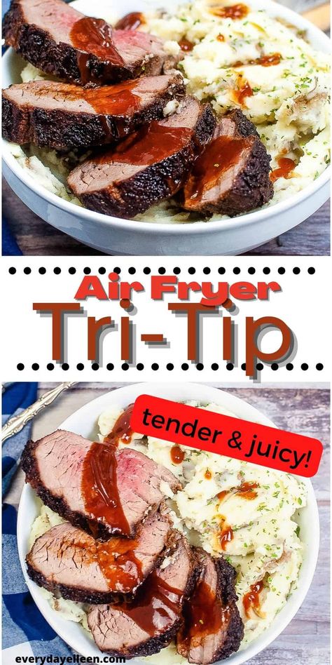 Air Fryer Tri-Tip, tender, juicy steak needs very little prep work to produce the most delicious steak every time. A quick steak dinner recipe that can be served any day. Perfect for holidays, grilling season steak dinner, 4th of July, Memorial Day, and Father's Day. No need to be an expert cook to make this delicious steak at home. Very easy step-by-step instructions that are so simple to follow. Air Fryer Tri Tip, Season Steak, Quick Steak, Tri Tip Recipe, Tri Tip Steak Recipes, Tritip Recipes, Tri Tip Steak, Air Fryer Recipes Beef, Air Fryer Recipes Salmon