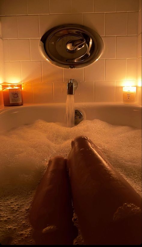 A woman’s legs in the bathtub, with bubble surrounding her candles on each side of the bath tub, water flowing while photo Bath Tub Aesthetic, Bathtub Aesthetic, Bath Pictures, Aesthetic Bath, Bath Aesthetic, Gross Things, Aesthetic Pretty, Night Routine, Bubble Bath