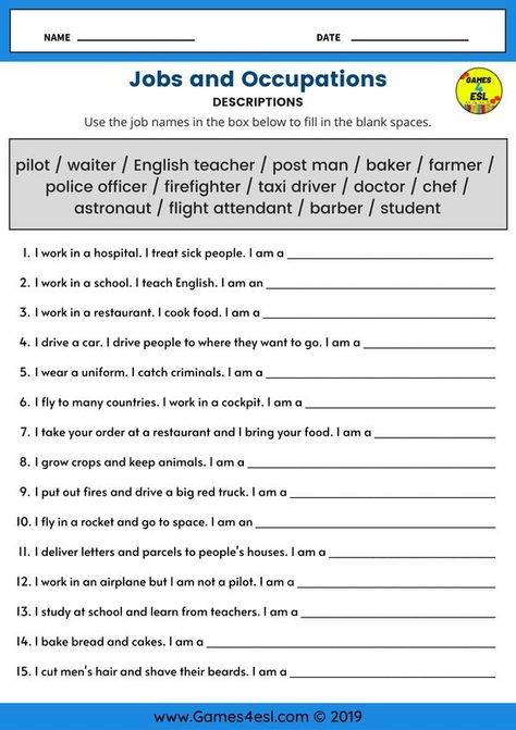 This is a great worksheet for English lessons about jobs and occupations. This worksheet has 15 job descriptions. Students should read the job description and write the correct job/occupation in the blank space. Esl Jobs And Occupations, Job Description Worksheet, Write About Yourself Worksheet, Esl Worksheets Intermediate, Jobs Worksheets For Kids, Occupation Worksheet, English Lessons For Beginners, Jobs In English, Jobs Worksheet