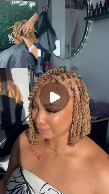 DAYY THE LOC SLAYERRR 🌿 on Instagram: "Color + golden bob of course!  Birthday hair always eatzzz downnn ✨  Go check out the client view on @locsandluxury_ 🫶🏽  Tag your favorite set of blonde locs down below ⬇️ • #womenstyle #womenlocs #oneyearlocd #healthylocs #halfuphalfdownhairstyle #locbun #menlocstyles #growthinghands #thelocspa #nashville #nashvillelocs #nashvilleloctician #mufreesborolocs #mufreesboroloctician #loc #locs ((#locmaintenance #dreads #dreadlocs #viral #explore #blondebob #locbob #blondelocs #capcut" Fall Loc Colors Ideas, Mid Back Loc Styles, Bday Loc Styles, Half And Half Hair Color Locs, Locs With Braiding Hair, Locs Birthday Hairstyles For Women, Loc Knots Styles Bob, Loc Bob Hairstyles, Retwist Locs Style Short