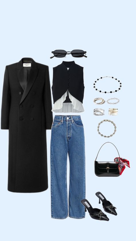 Black and white with denim and a pop of color. Dinner Outfit Inspiration, Dinner Outfit, Dinner Outfits, Pop Of Color, Color Pop, Outfit Inspirations, Black And White, White, Black