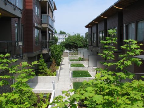 This 30-unit apartment and townhouse complex is located on Nanaimo’s waterfront. By using a variety of materials, plantings and levels, the project artfully defines the transition between the private entrances and the public walkway and creates a truly urban edge and experience in the process. A lush private courtyard is created between the two buildings and suspended balconies animate the facades. Private Courtyard, Courtyard Design, Facades, Walkway, The Public, Lake House, Balcony, Vancouver, Architects