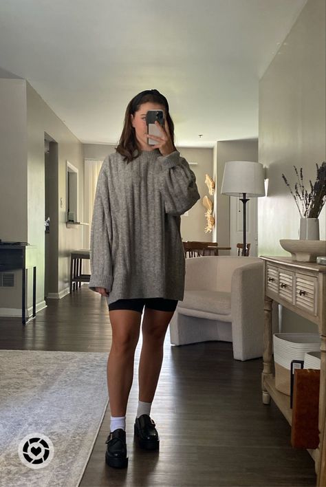 fall fashion, sweaters, loafers, biker shorts, fall, trending Biker Shorts And Cardigan Outfit, Sweater And Biker Shorts Outfit, Oversized Sweater And Shorts Outfit, Fall Biker Shorts Outfit, Sweater With Shorts Outfit, Sweater And Biker Shorts, Shorts And Cardigan Outfit, Shorts And Sweater Outfit, Sweater And Shorts Outfit