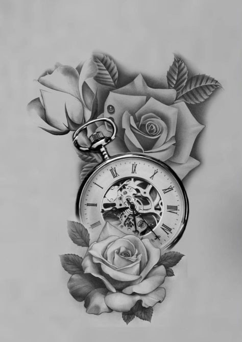 Clock Tattoo Design Births Women, Old Clock Tattoo, Rose And Clock Tattoo, Tato Jam, Flower Outline Tattoo, Tattoo Outline Drawing Stencil, Pocket Watch Tattoo Design, Watch Tattoo Design, Tato Tradisional