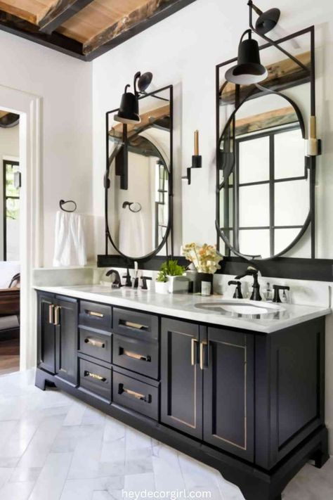 15 Amazing Black And White Farmhouse Bathroom Decor Ideas Farmhouse Bathroom With Gold Accents, Black Bathroom Farmhouse, Bathroom Decor Black Fixtures, Black White Master Bath, Black And White Home Design, Green And Black Bathroom Ideas, Dark Vanity Bathroom Ideas, Bathroom With Black Vanity, Black And White Farmhouse Bathroom